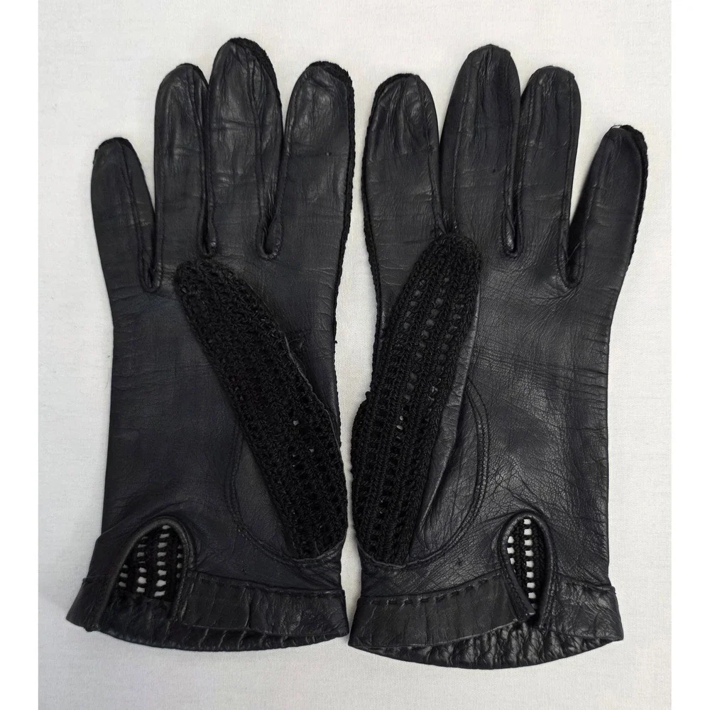 Vintage Style Black Crochet and Leather Driving Gloves Keyhole Back Mens Womens